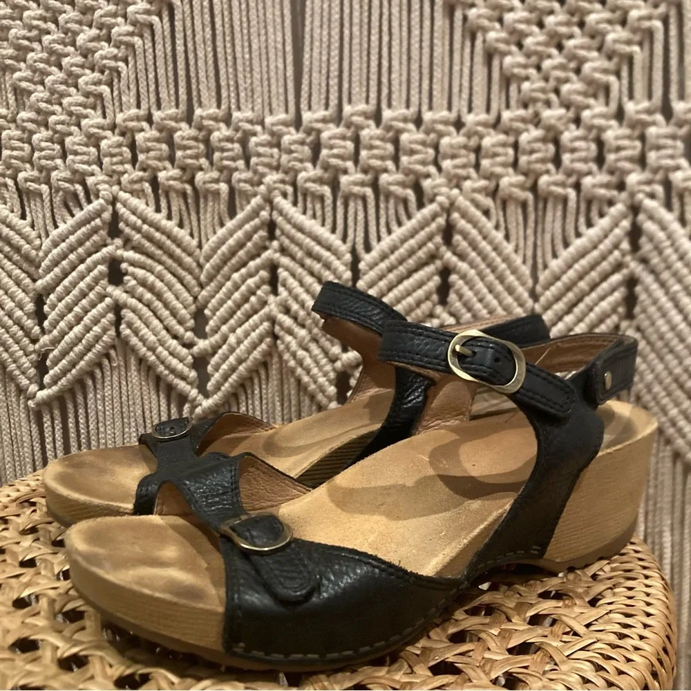 Dansko Tricia Black Milled Burnished Strappy Chunky Wooden Clogs - Picture 2 of 12